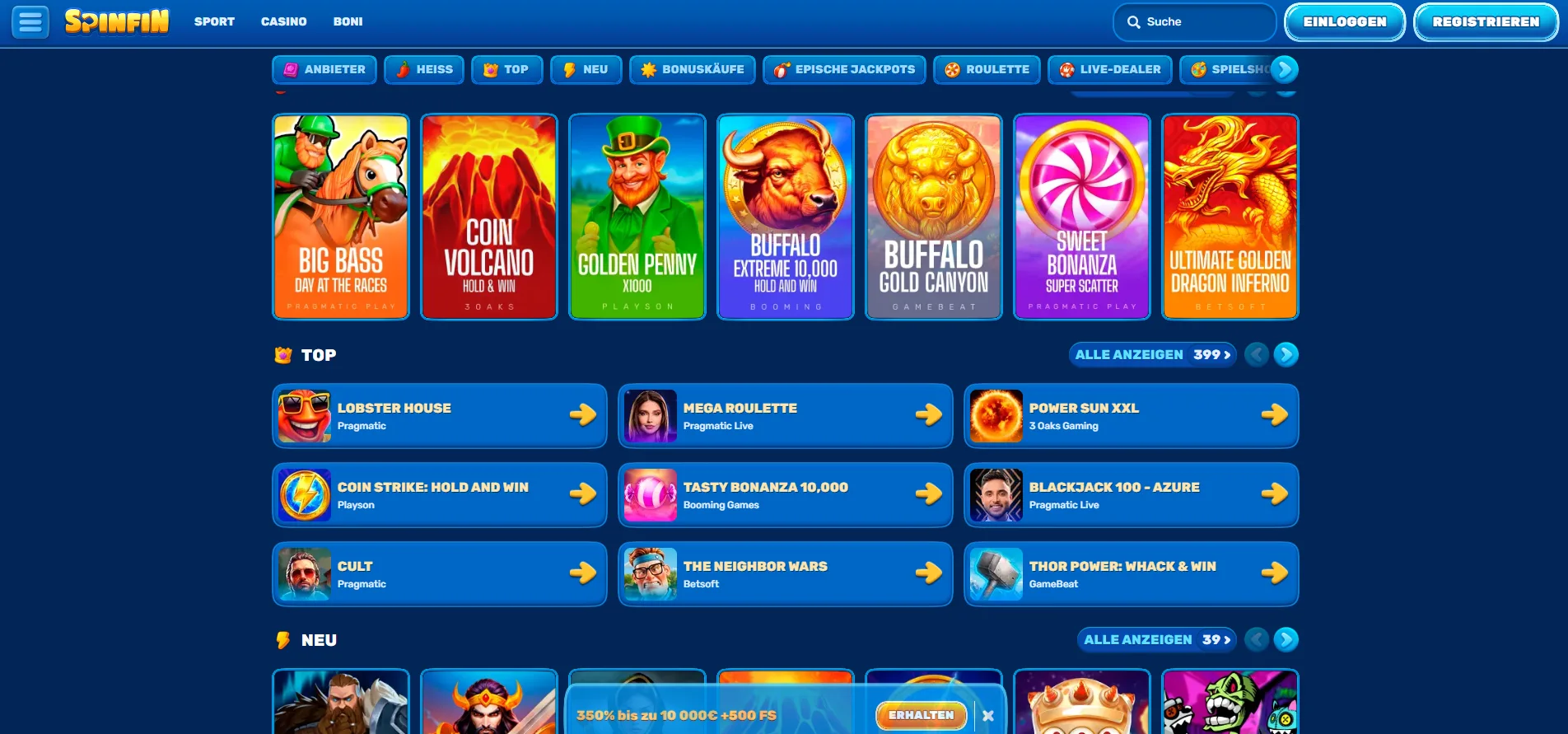 Spinfin Casino Spielauswahl