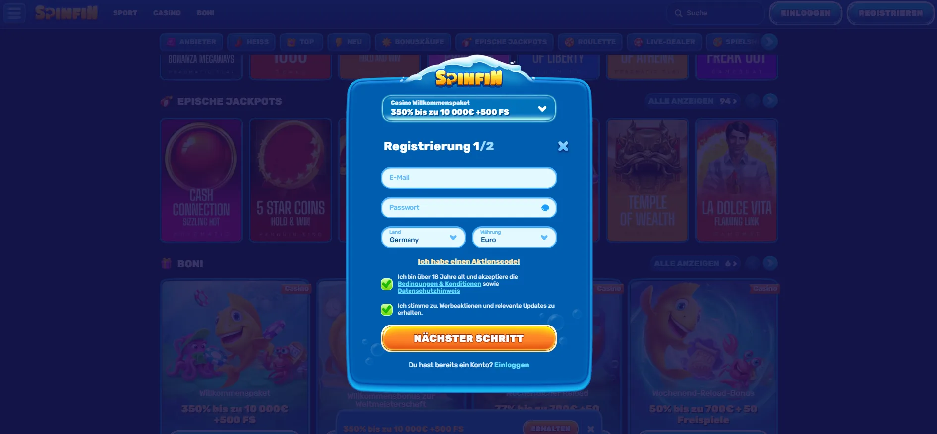 Spinfin Casino Registrierung